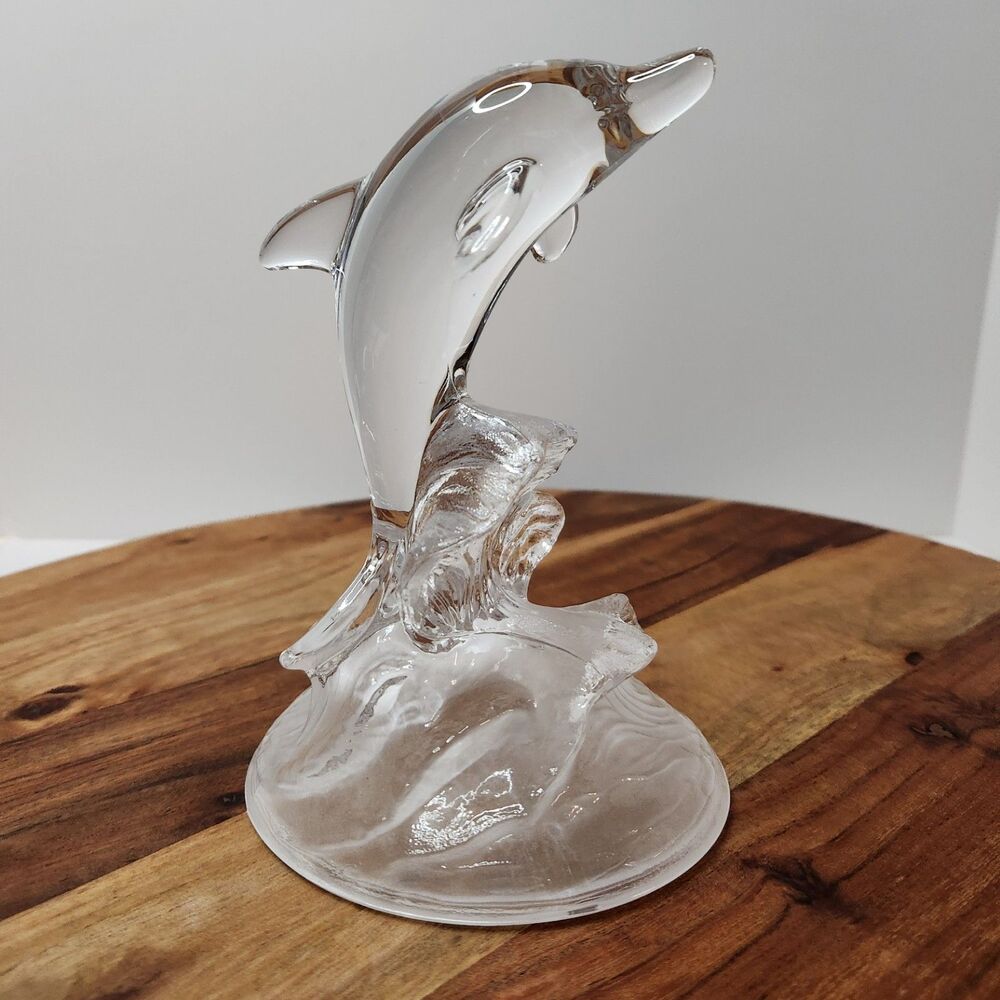 Dolphin Figurine Clear Glass w/ Frosted Wave Base Ocean Decor